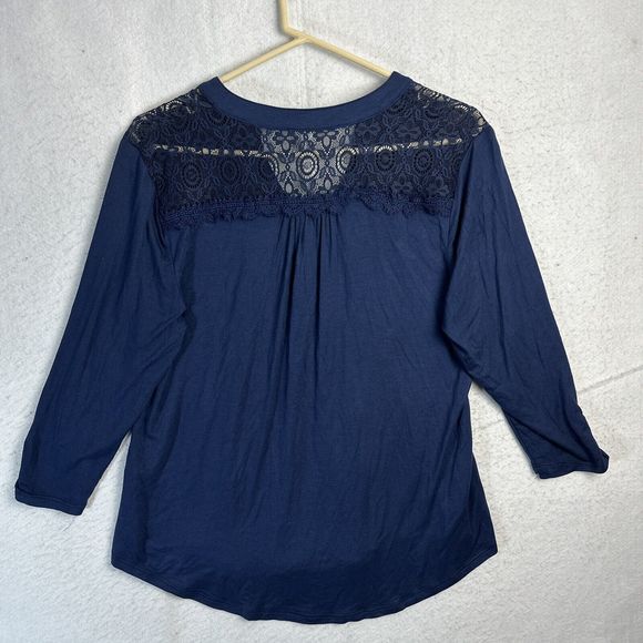 NY Collection Blouse Women P Large Blue 1/4 Button Up Mesh Insert Long Sleeve - Picture 7 of 11